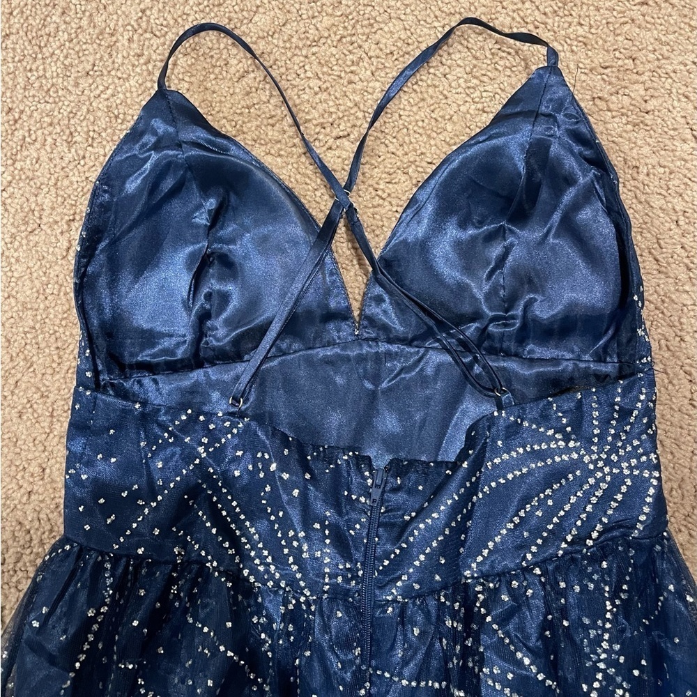 Womens Royal Blue V-neck Glitter Hi-cut Slit Prom Dress - Picture 8 of 11